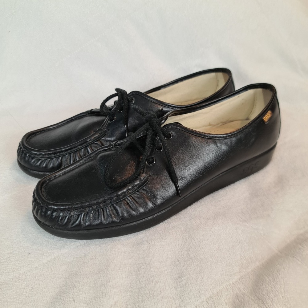 SAS Siesta Black Leather Handsewn Oxfords Moc Toe Shoes Womens Size 12 N Comfort